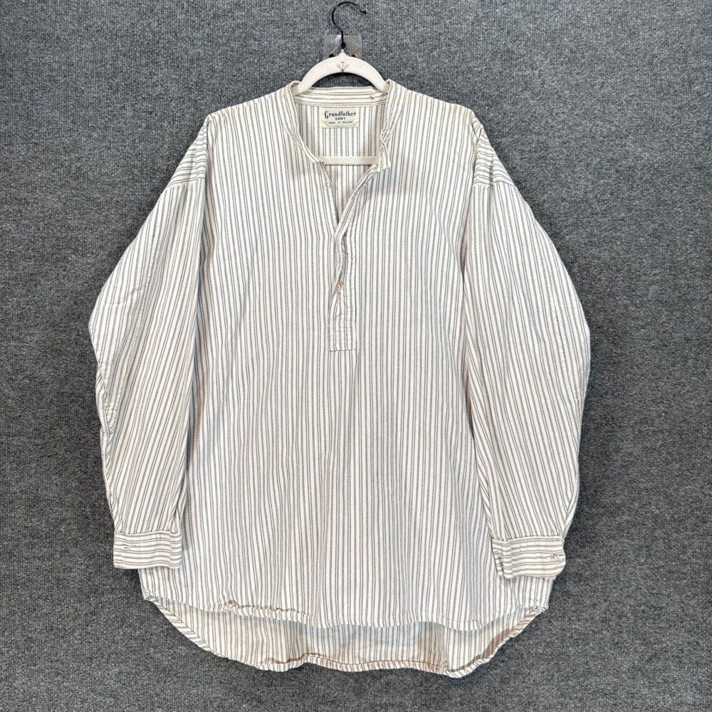 Grandfather Made In Ireland Shirt Pullover Men Large Blue Striped Band Collar